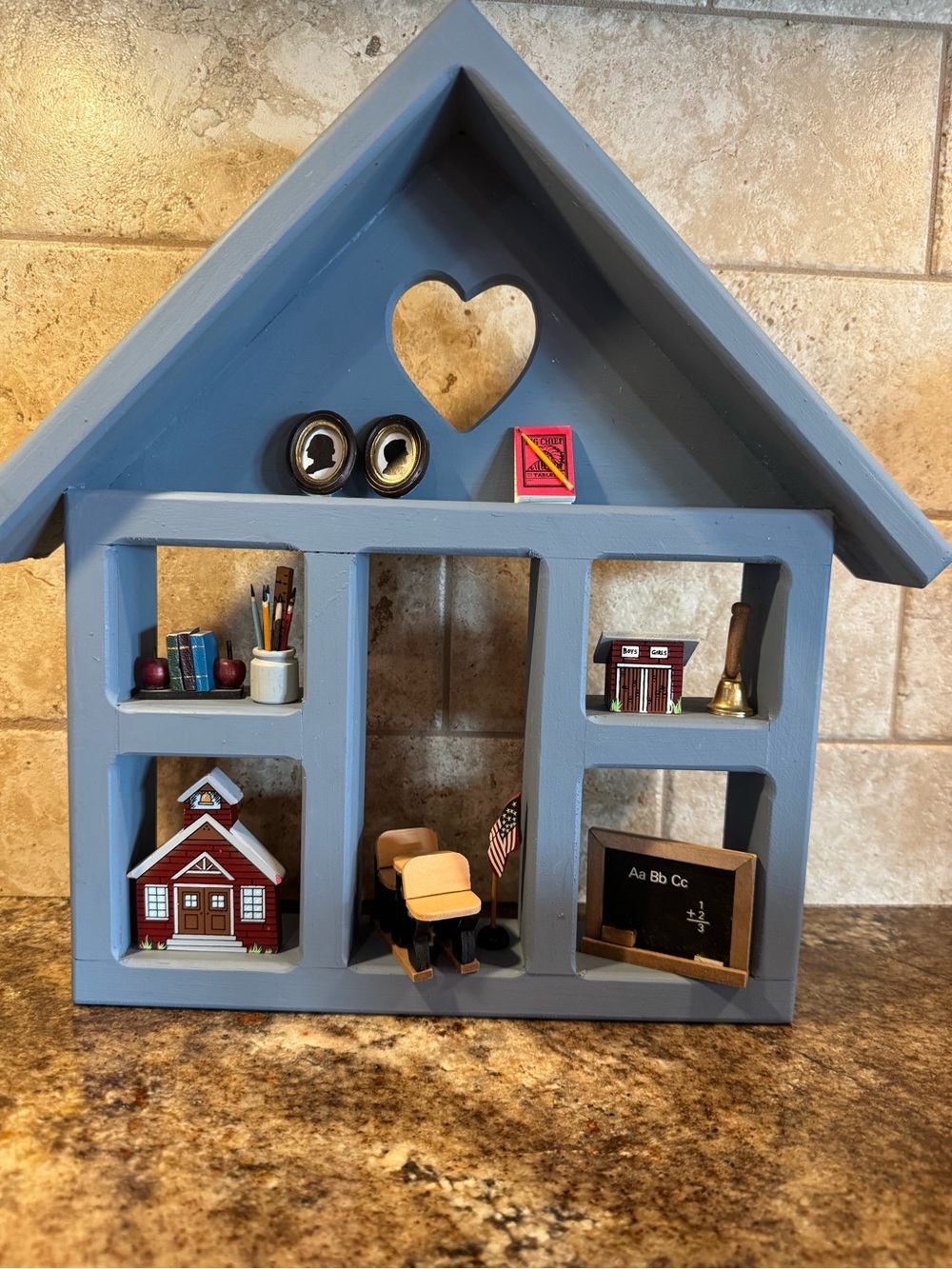 Vintage Wood Schoolhouse Shadow Box Miniatures Teacher Classroom Folk Art